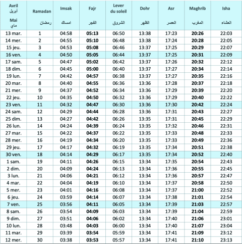 Calendrier de prières - Ramadan 2021